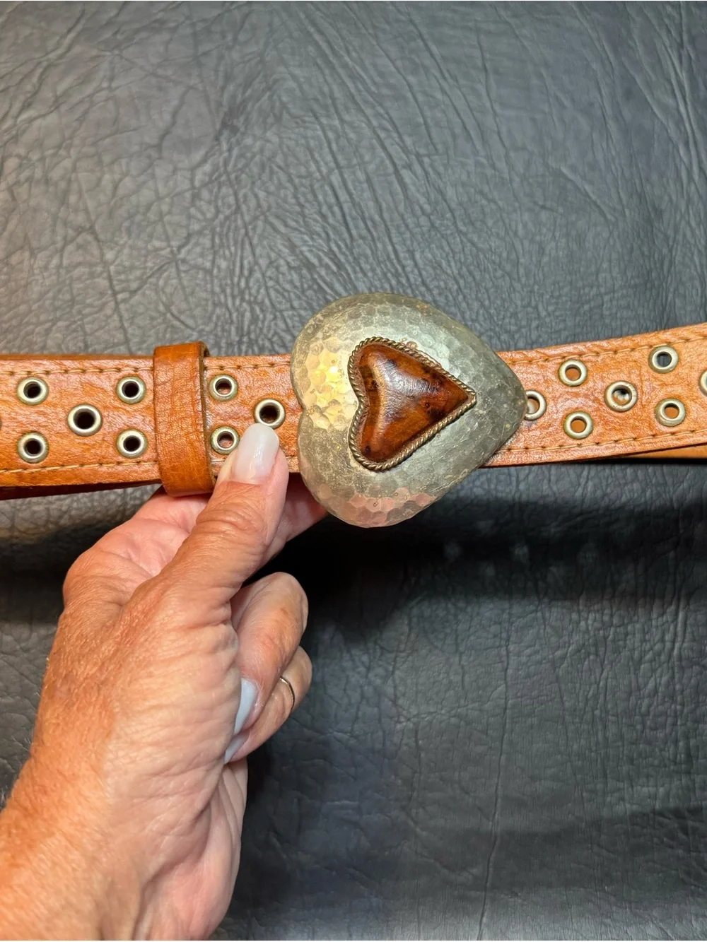 Chico’s M/L Leather Belt Heart Buckle Studded Grommet Western Boho Morocco 38”